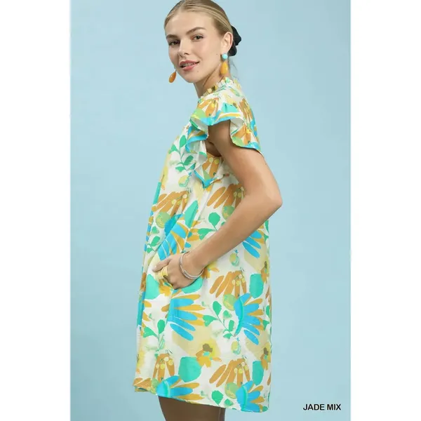 Umgee Ruffled Botanical Print Mini Dress - Jade Mix - Small - Image 2