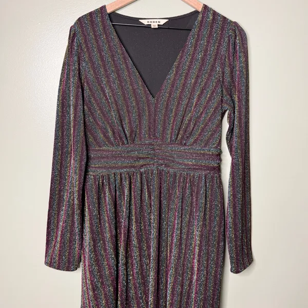 Boden Shimmer Glitter Long Sleeve Stripe Midi Dress Red Black Green Size 8 - Image 8