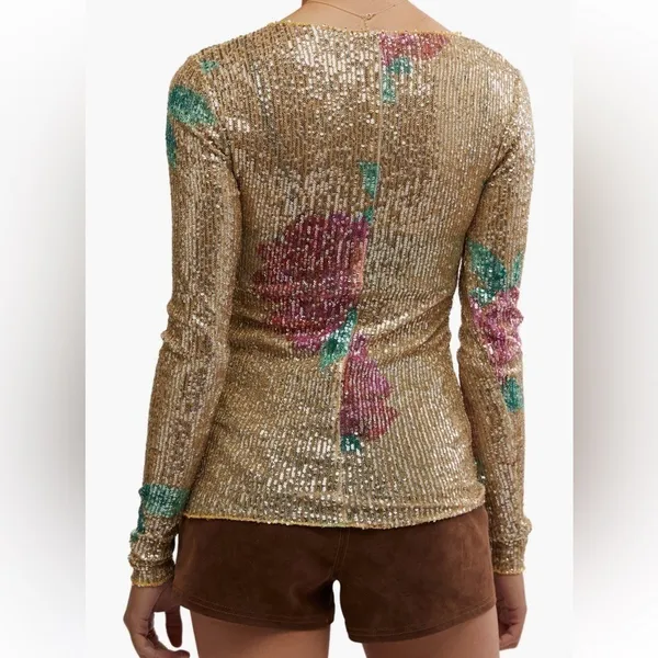Free People Gold Rush Floral Sequin Top, Champagne/Pink,‎ Medium, NWOT - Image 11