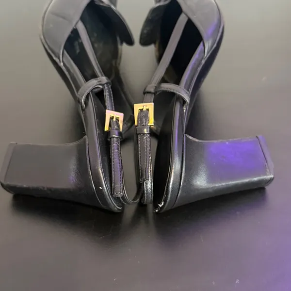 Vintage Prada Black Leather Square Toe Slingback Pump Size 35.5 Gold Buckle y2k - Image 10