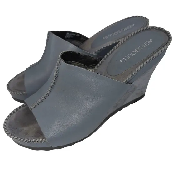 Aerosoles Birthstone Blue-Gray Leather Suede Wedge Slide Sandals Women Size 9 M - Image 4