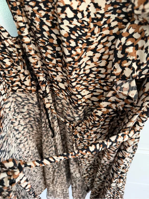 Free People Small Animal Print Ruffle Wrap Mini Dress Brown Black Boho - Image 4