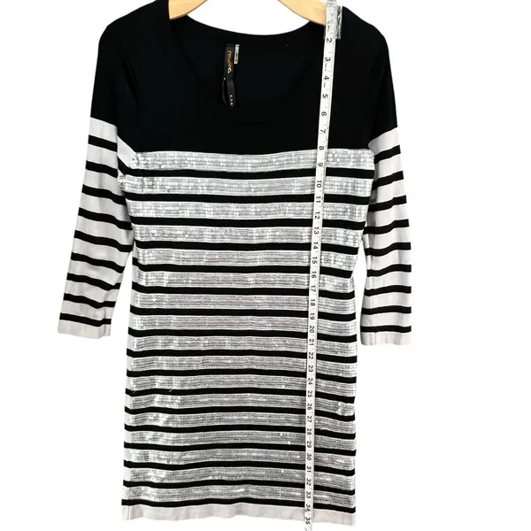Renee C Sequin Sweater Dress Womens M‎ White Black Stripe Silver Party Holiday - Image 8