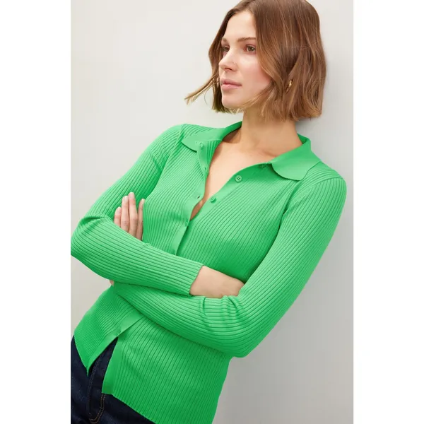 Lauren Ralph Lauren Green Collared Polo Ribbed Knit Cardigan Sweater Size M - Image 5