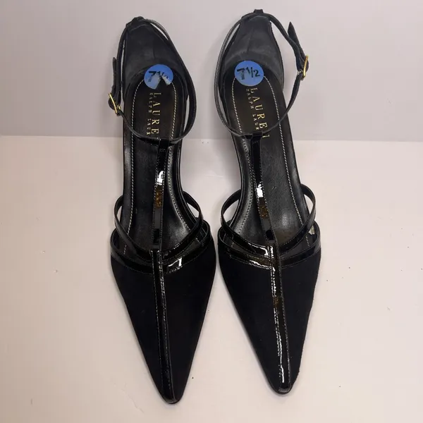 Vintage Y2K Lauren Ralph Lauren Winona Heels 7.5B Black T Strap Pointed Toe - Image 11