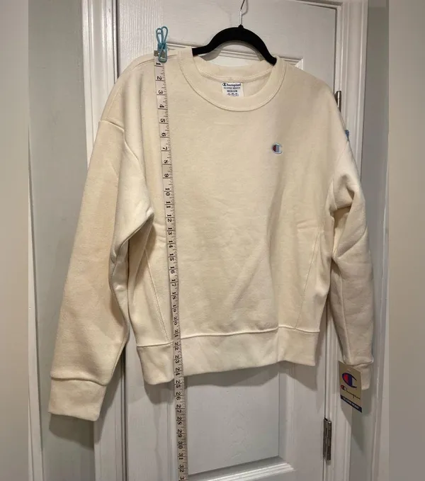 NWT Champion Heavyweight Reverse Weave Knit Sleeve Logo Cream Crew Neck Size M - Image 7