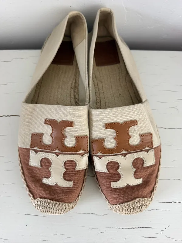 Tory Burch Double T Logo Canvas Espadrille Flats Brown Cream Size 9 - Image 3