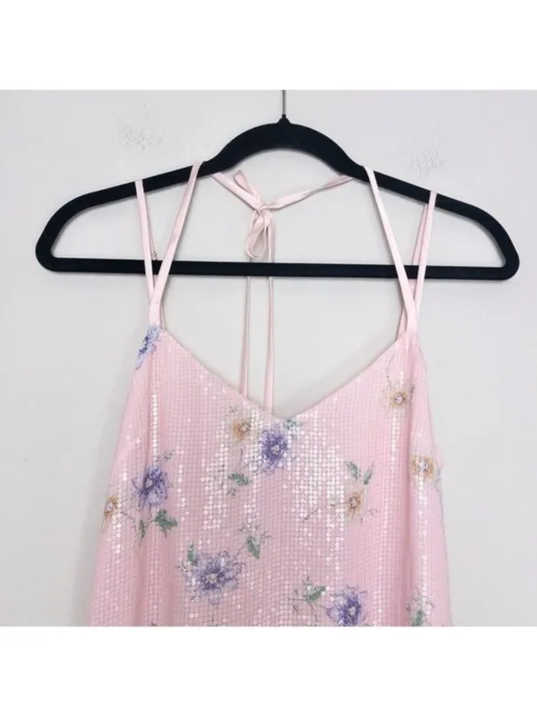 NEW Endless Rose Free The Roses Sequin Floral Slip Maxi Dress S Pink Halter Tie - Image 3