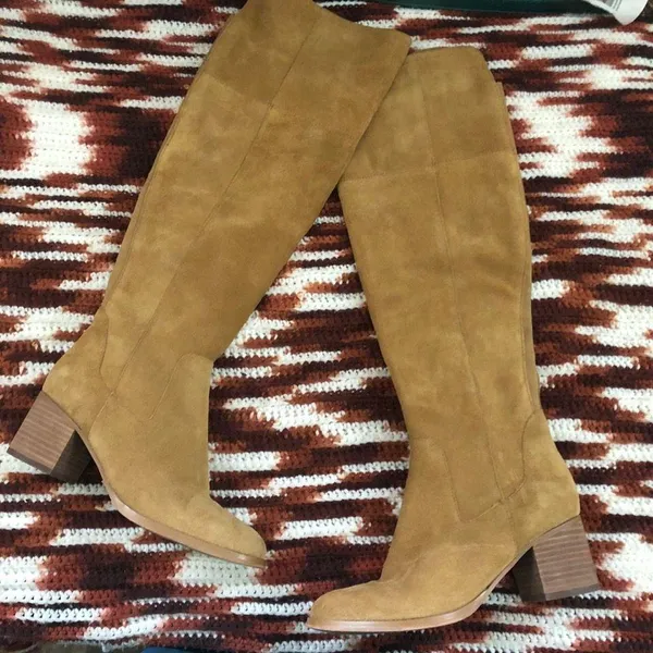 Marc Fisher Banana Tan Leather suede knee-high boots 2” heels #western #campus #harness #boho #buckles - Sz 6M - Image 3