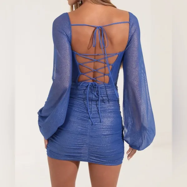 Lucy in the Sky Glitter Mesh Long Sleeve Dress in Blue Size Small EUC‎ - Image 9