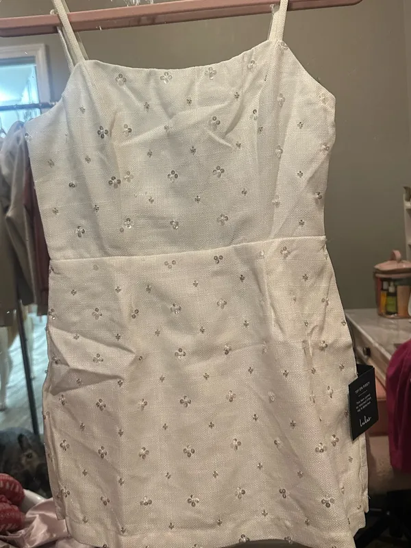 Lulus White Embellished Mini Dress with Spaghetti Straps and built in shorts - Image 4