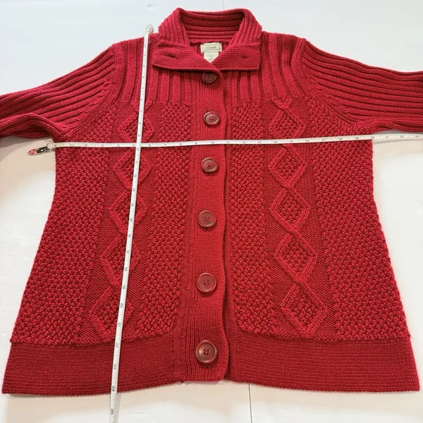 LL Bean Red Cable Knit Wool Blend Collar Button Up Cardigan Sweater MEDIUM - Image 6