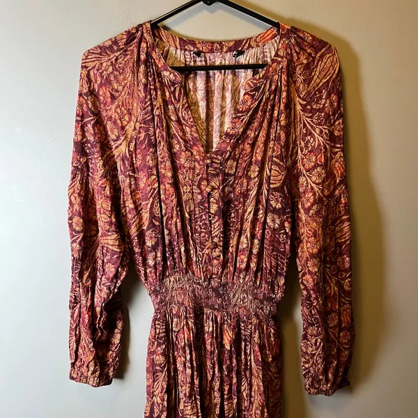 Peruvian Connection Adria Dress Burgundy Gold Floral V‎ Neck Raglan Sleeve Small - Image 3
