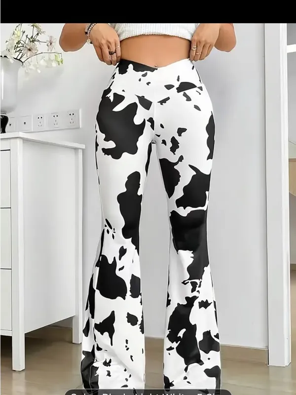 Y2K Western Flare Leggings Black White Cow Print Bell Bottom Pants - Image 2
