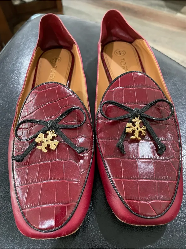 Tory Burch Red Croc Embossed Charm Trim Bow Loafers Mule Flats Size 7 - Image 4
