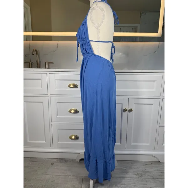 Blue Maxi Dress Womens XS Open Back Smocked Tie Ruffle Hem Boho Vacation Resort - Image 7