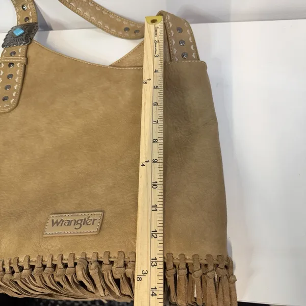 Wrangler Brown Fringe Studded Shoulder Bag Zip Closure Inner Pockets Western - Image 9