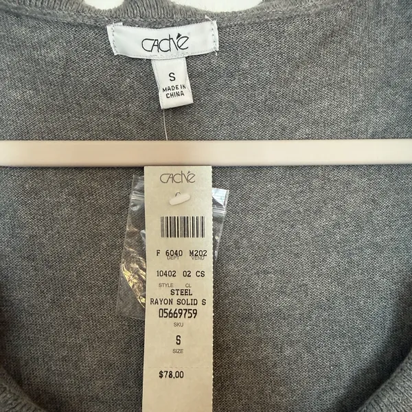 Caché NWT Ruffle Neck SS Sweater Gray Metallic Ribbed Hem‎ Silk Blend Y2K Small - Image 3