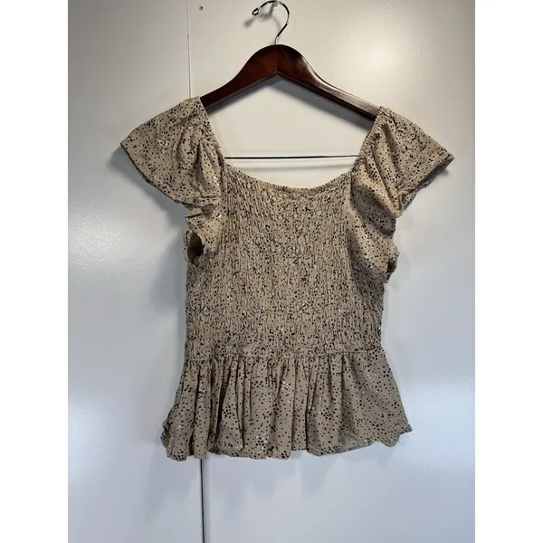 Japna‎ Ruffled Sleeve Smocked Peplum Top, Beige and Black Polka Dot, Square Neck - Image 6