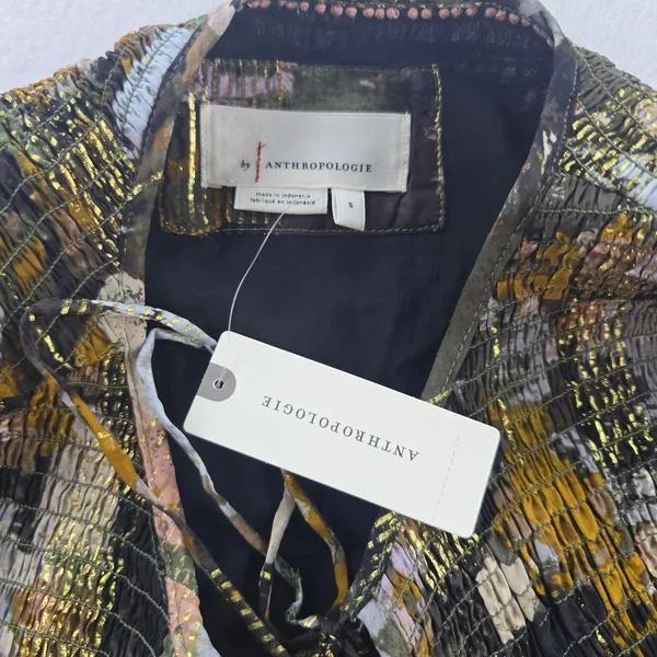 Anthropologie NWT Blair Maxi Dress Long Sleeve Smocked Gold‎ Metallic Detail S - Image 7
