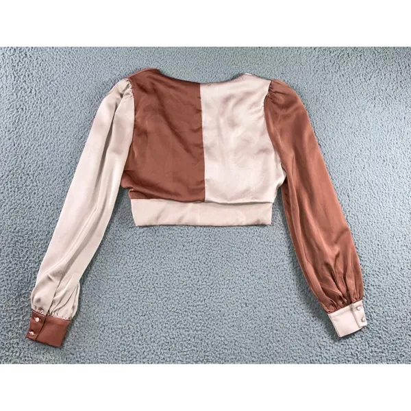 Altar'd State Crop Top Women M Colorblock Satin V-Neck Bishop Sleeve‎ Blush Chic - Image 2