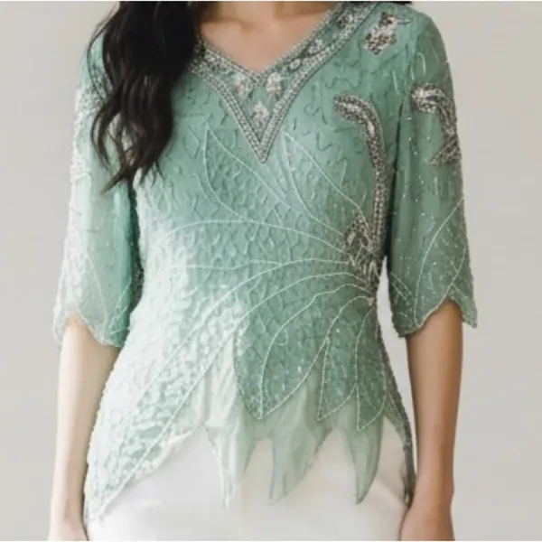 Handmade Vintage 90s Beaded Sequin Seagreen Fairycore Asymmetrical Hem Formal blouse - Image 15