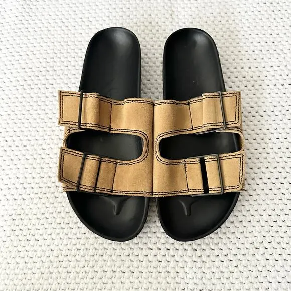 MNG Mango Black Tan Double Buckle Slide Suede Strap Sandals 37 - Image 2
