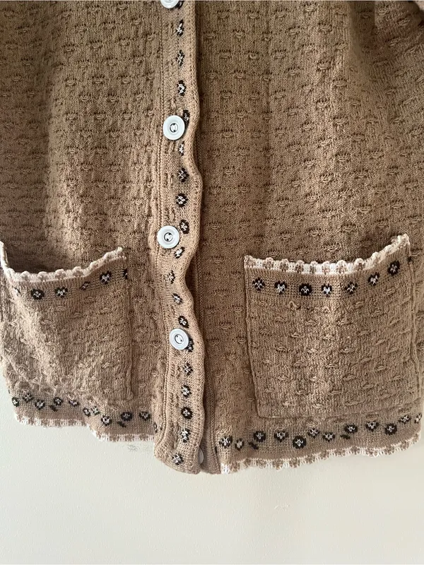 Brown Knit Short Sleeve Cardigan Sweater Large Embroidered Grandpa Folk Cottage - Image 4