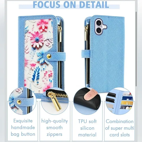 iPhone 16 6.1” Case Wallet Case Floral Wristlet Blue Card Holder Phone FC7 - Image 4