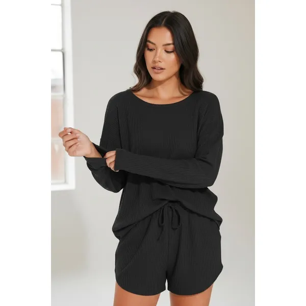 Fantaslook Womens Pajama Set Size L Black Waffle Knit Loungewear Top and Shorts - Image 6