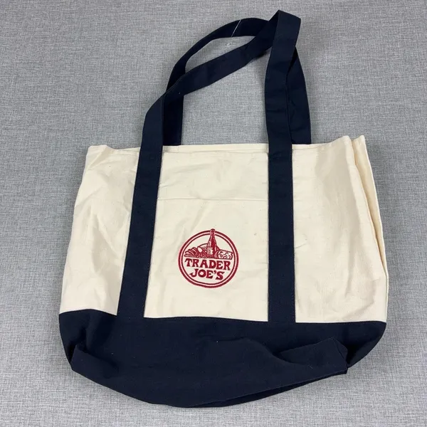 Trader Joe's Canvas Tote Bag Cream Navy Logo Reusable Grocery Shopping Large - Image 5