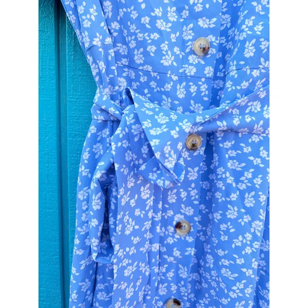 SheIn Blue Ditsy Floral Button Front Midi‎ Dress Womens Size Large 8/10 V-Neck - Image 2