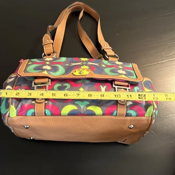 Lily Bloom Multicolor Satchel Handbag‎ Geometric Floral Coated Canvas Brown Trim - Image 2