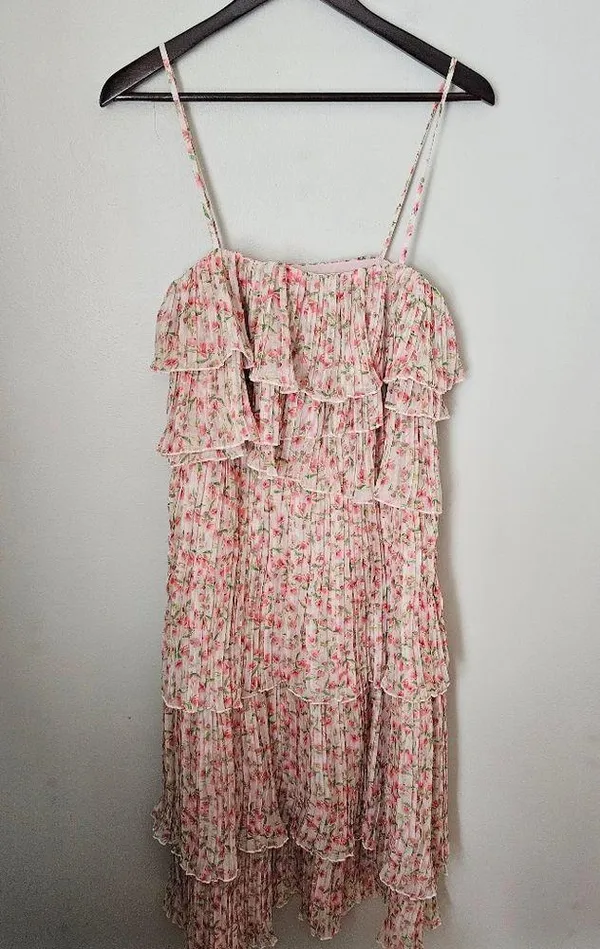 Something Navy Dress Floral Pleated Tiered Cream Multi Maxi Midi Garden Party - Image 2