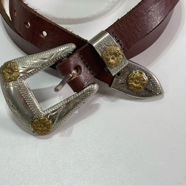Vtg Nickel Silver Hardware Belt Leather Floral Women 43'' Brown Western Cowgirl - Image 3