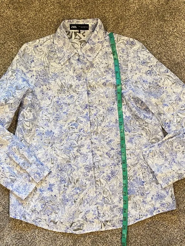 ZARA Blue White Floral Devoré Sheer Long Sleeve Button Up Shirt Size S - Image 6