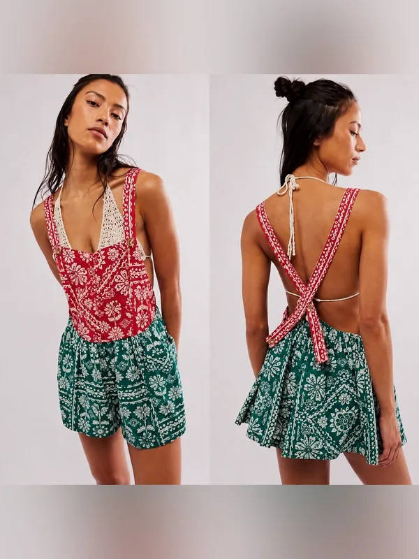 ❤️ Free People Palm‎ Bay Printed Shortalls Romper Size Small Boho NWOT 🌿 - Image 2
