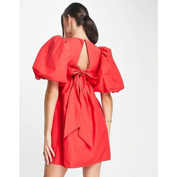 & Other Stories Bow Back Swing Dress 6 Mini Cutout Puff Sleeve Red Holiday NWT - Image 2