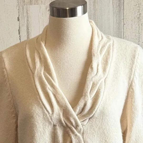 Talbots Merino‎ Wool Cashmere Angora Cable Knit Sweater Cream Size L Cozy - Image 2