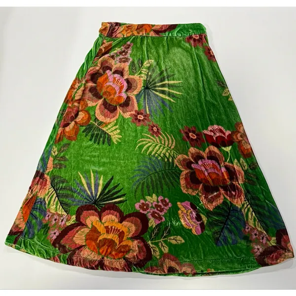 FARM Rio Green Silk Blend Velvet Tropical Floral Midi Skirt Small - Image 4