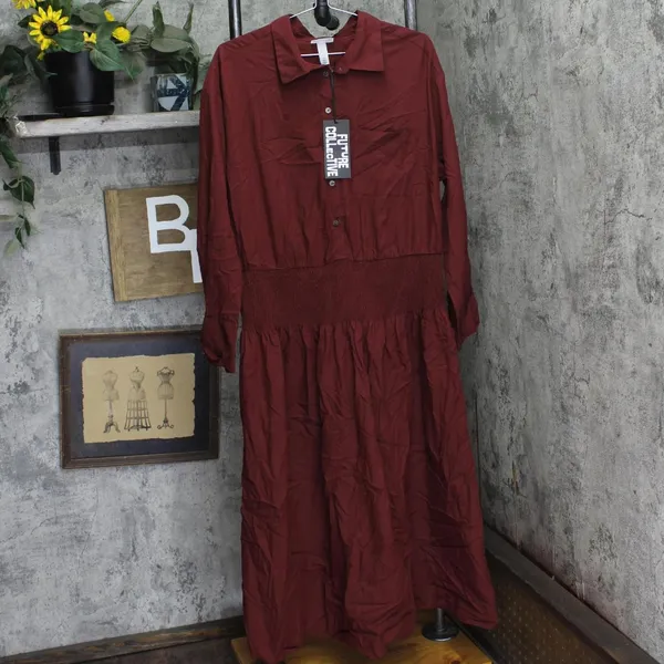 NWT Future Collective Long Sleeve Smocked Midi Shirtdress Burgundy Red XXL - Image 4