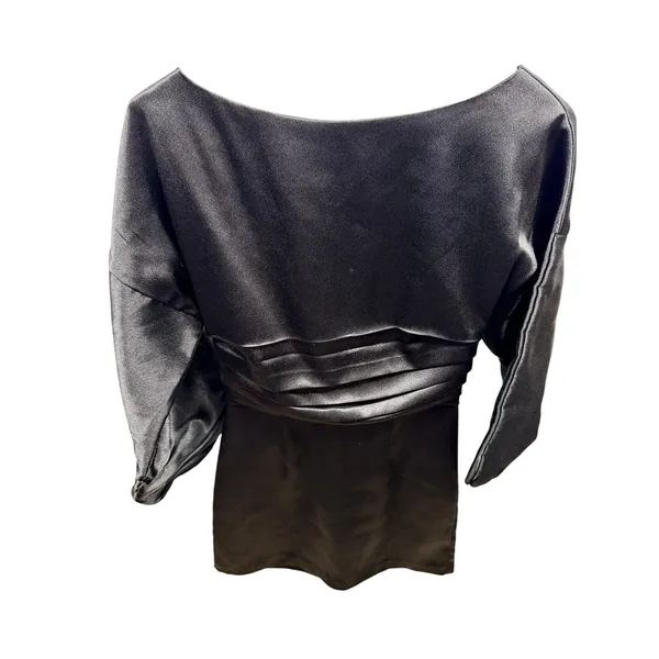 h:ours $218 Women's Cristiano Satin Puff Sleeve Pleated Mini Dress in Black Sz 0 - Image 3