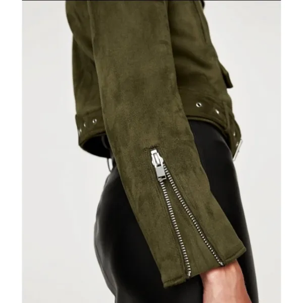 Zara Belted Suede Effect Biker Jacket Olive Military Moto Edgy Punk Cropped Coat - Image 4