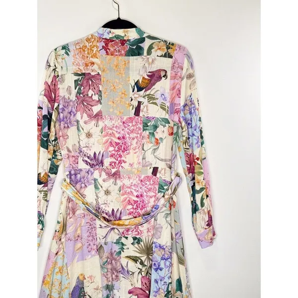 ZARA Dress Purple Mini Floral Patchwork Linen Shirtdress Waist Tie Boho Medium - Image 9