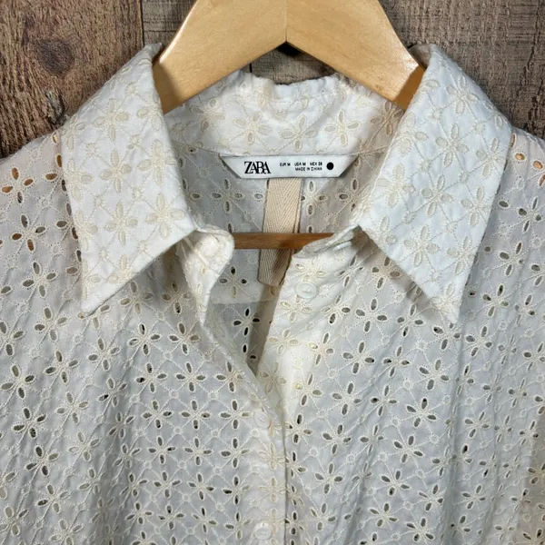 Zara Ivory Ecru Openwork Embroidery Shirt Medium Eyelet Button Up Blouse Boho - Image 3