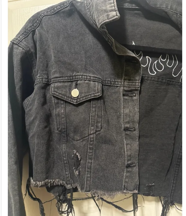 SHEIN Black Flame Distressed Cropped Denim Jacket — Medium - Image 3