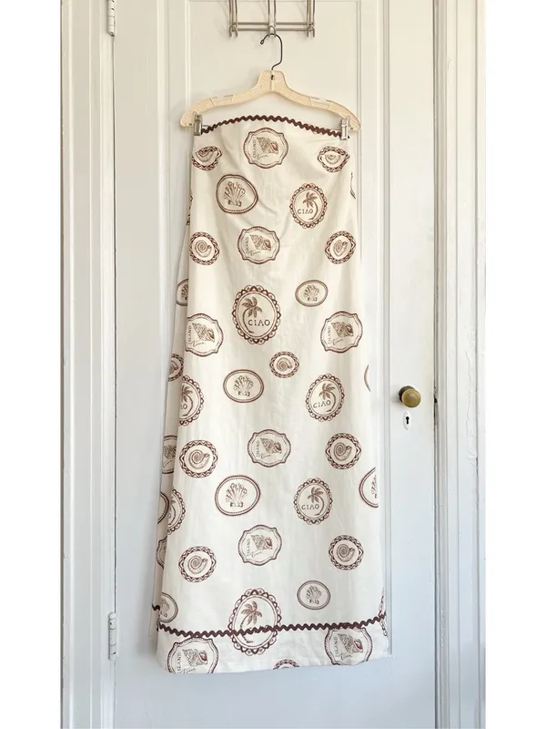 Kivari • Anthropologie Ciao Strapless Maxi Dress white linen print rickrack - Image 3