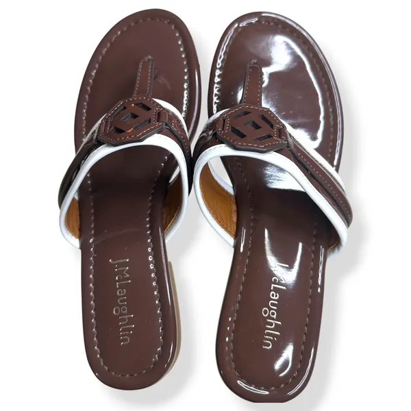 J.McLaughlin Leslie Thong Sandals Patent Leather Brown‎ White Preppy Women 7M - Image 3