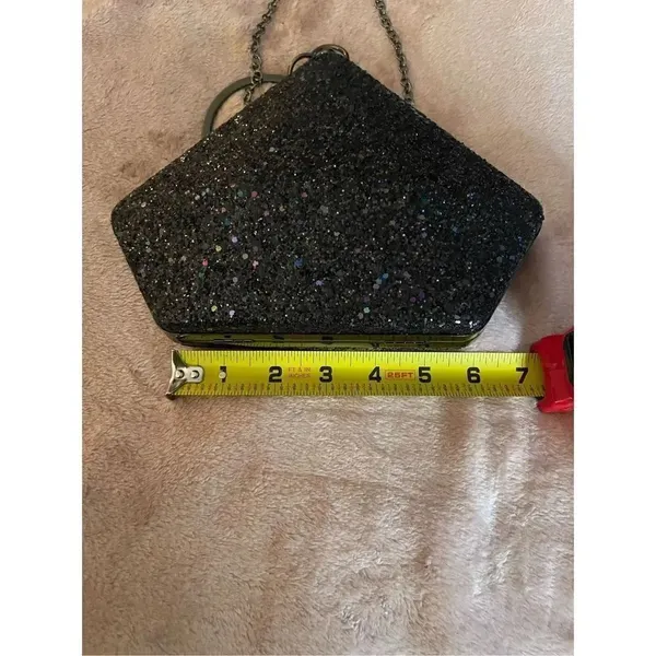 New Black Glitter Geometric Clutch With Round Handle/ Shoulder Strap - Image 8