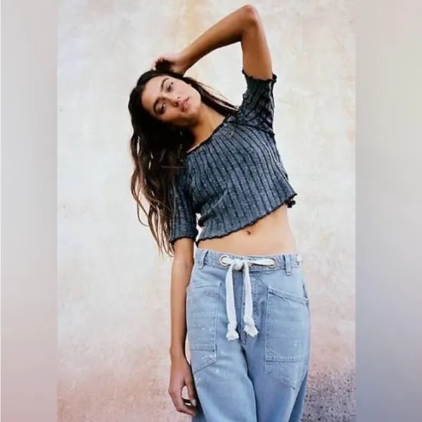 WE THE FREE Meant To Be Black Ribbed Cropped Short Sleeve Tee Top Medium New‎ - Image 5